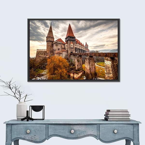The Corvinesti Castle Romania Canvas Wall Art-1 Piece-Floating Frame-36" x 24"-Tiaracle