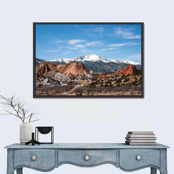 Garden of the Gods Park Colorado Canvas Wall Art in brown, red and blue, 5 panel Pop layout hung on a wall
