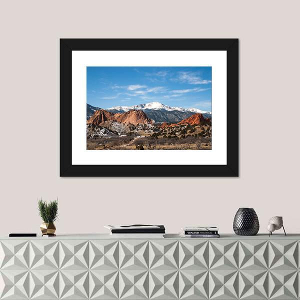 Garden of the Gods Park Colorado Canvas Wall Art in brown, red and blue, 5 panel Pop layout hung on a wall