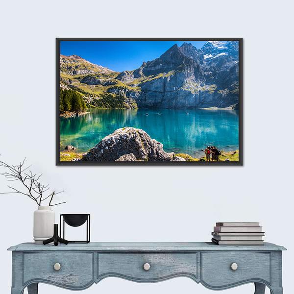 The Oeschinen Mountain Lake Canvas Wall Art-1 Piece-Floating Frame-36" x 24"-Tiaracle