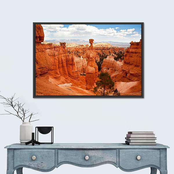 Thors Hammer Bryce Canyon Utah Canvas Wall Art in brown, orange and blue, framed canvas, product view on a white background