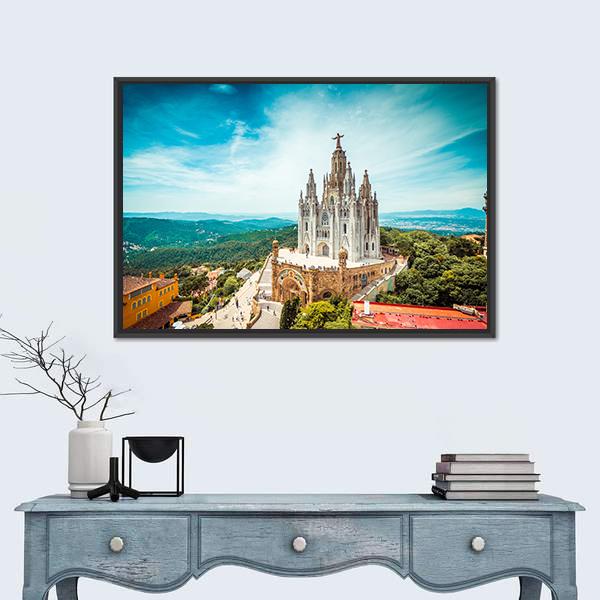 Tibidabo Church In Barcelona Canvas Wall Art-1 Piece-Floating Frame-36" x 24"-Tiaracle