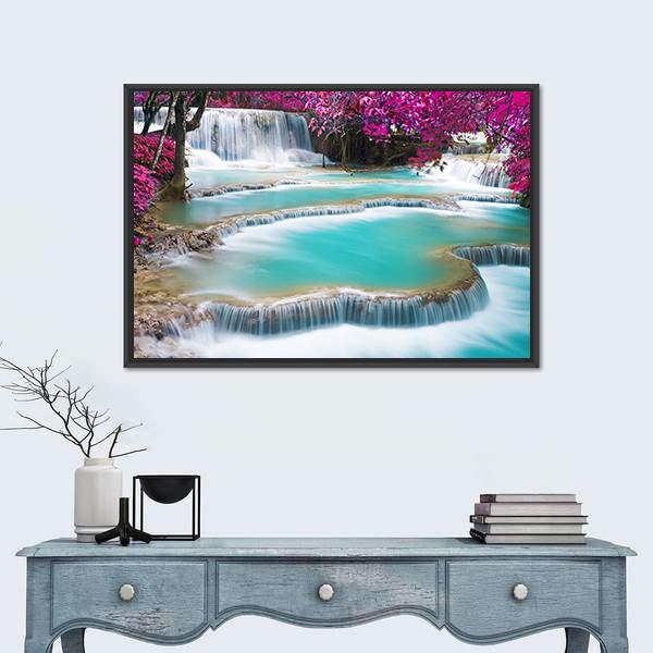Torquoise Waterfall Of Kuang Si Laos Canvas Wall Art-1 Piece-Floating Frame-36" x 24"-Tiaracle