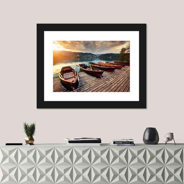 Tourist Boat On Lake Bled Canvas Wall Art-1 Piece-Framed Print-42" x 14"-Tiaracle