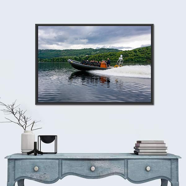 Tourists Speedboating In Loch Ness Scotland Canvas Wall Art-1 Piece-Floating Frame-36" x 24"-Tiaracle