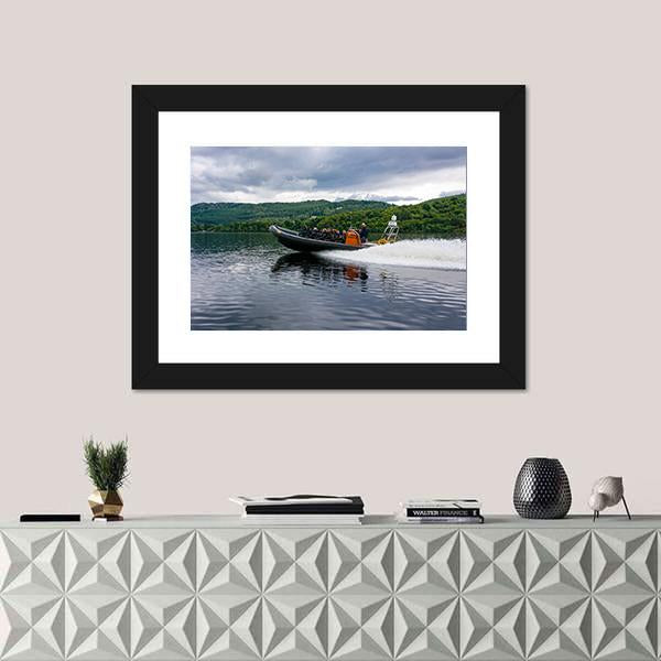 Tourists Speedboating In Loch Ness Scotland Canvas Wall Art-1 Piece-Framed Print-42" x 14"-Tiaracle