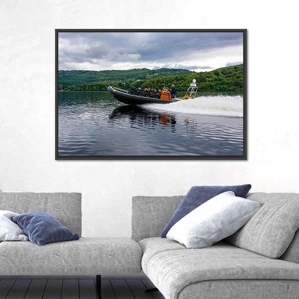 Tourists Speedboating In Loch Ness Scotland Canvas Wall Art-5 Horizontal-Gallery Wrap-22" x 12"-Tiaracle