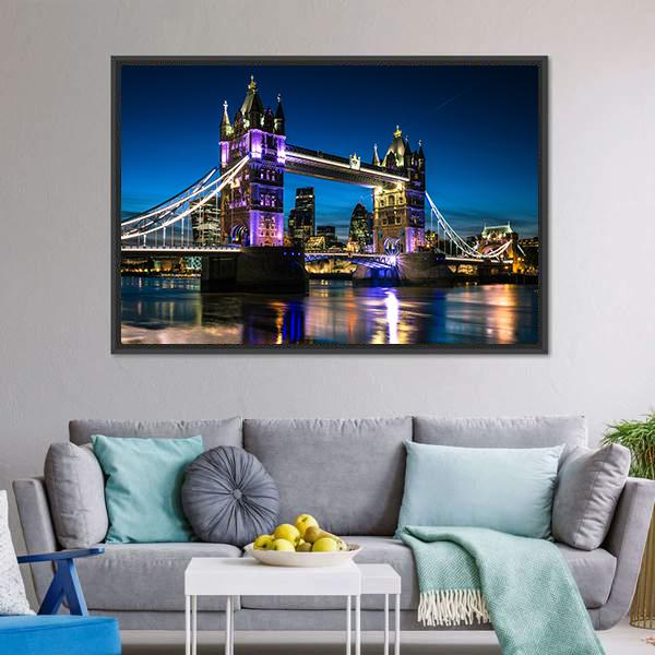 Tower Bridge At Night Canvas Wall Art-5 Horizontal-Gallery Wrap-22" x 12"-Tiaracle