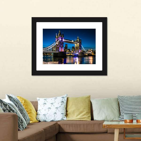 Tower Bridge At Night Canvas Wall Art-5 Horizontal-Gallery Wrap-22" x 12"-Tiaracle