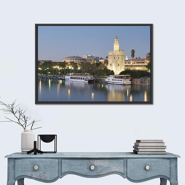 Tower Of Gold On Banks Of The Guadalquivir River Canvas Wall Art-1 Piece-Floating Frame-24" x 16"-Tiaracle