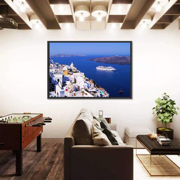 Town Of Fira In Santorini Canvas Wall Art-1 Piece-Floating Frame-24" x 16"-Tiaracle