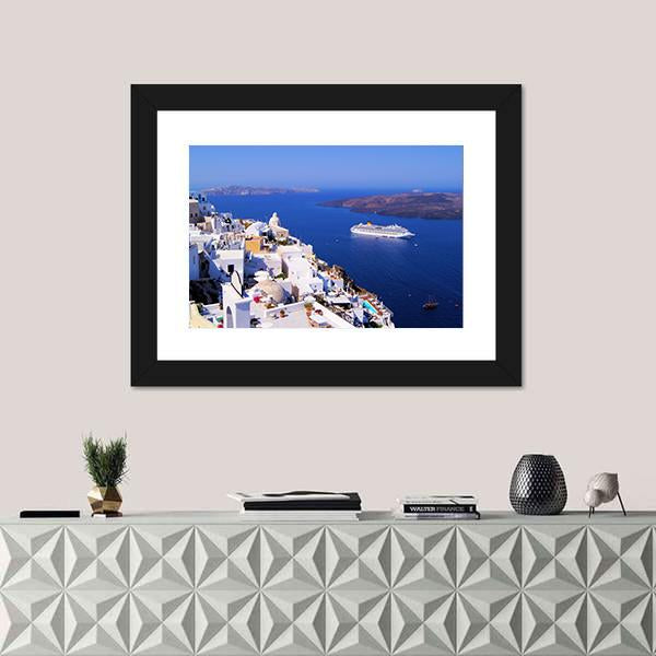 Town Of Fira In Santorini Canvas Wall Art-1 Piece-Framed Print-20" x 16"-Tiaracle