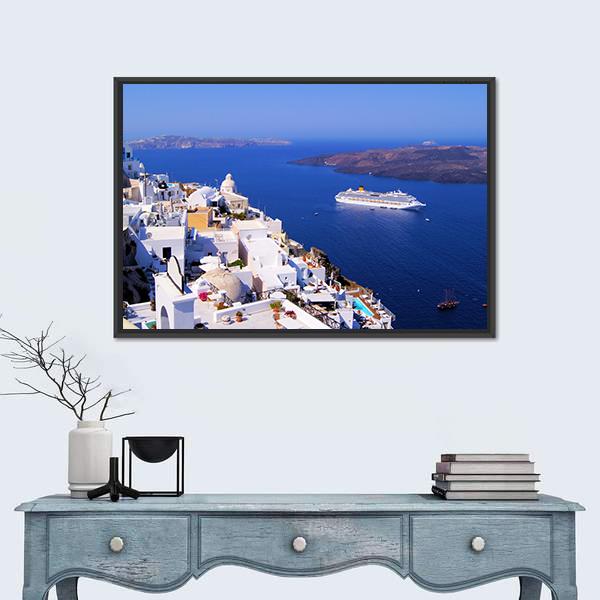 Town Of Fira In Santorini Canvas Wall Art-5 Horizontal-Gallery Wrap-22" x 12"-Tiaracle