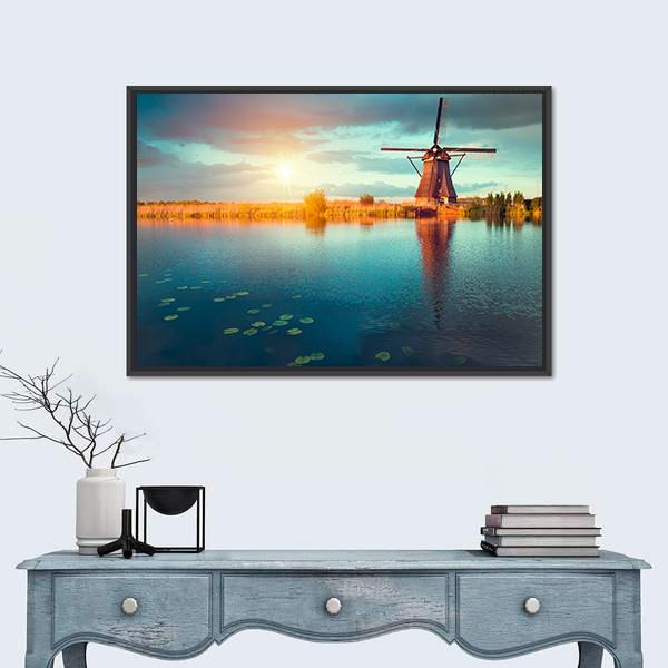 Traditional Dutch Windmills Canvas Wall Art-1 Piece-Floating Frame-36" x 24"-Tiaracle