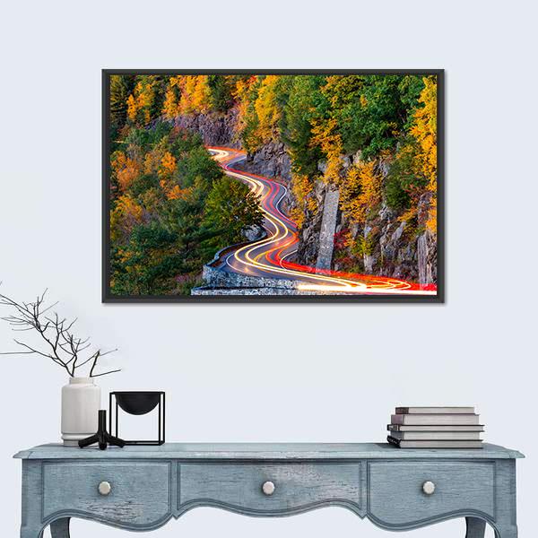 Traffic Light Trails On Hawk's Nest Winding Road Route Canvas Wall Art-1 Piece-Floating Frame-36" x 24"-Tiaracle