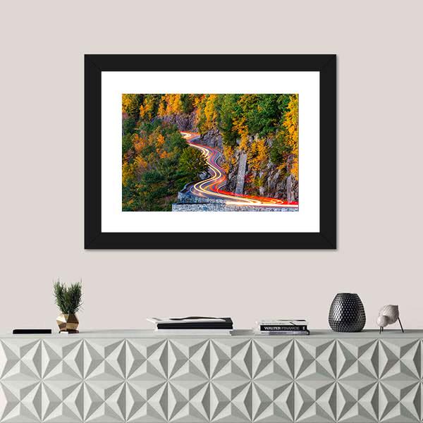 Traffic Light Trails On Hawk's Nest Winding Road Route Canvas Wall Art-1 Piece-Framed Print-30" x 20"-Tiaracle