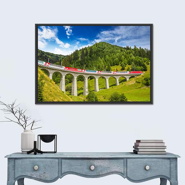 Train On Famous Landwasser Viaduct Bridge Canvas Wall Art-1 Piece-Floating Frame-36" x 24"-Tiaracle