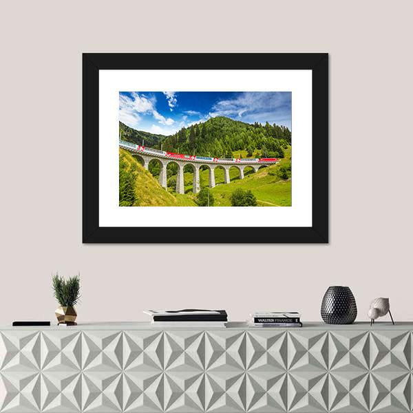Train On Famous Landwasser Viaduct Bridge Canvas Wall Art-1 Piece-Framed Print-42" x 14"-Tiaracle