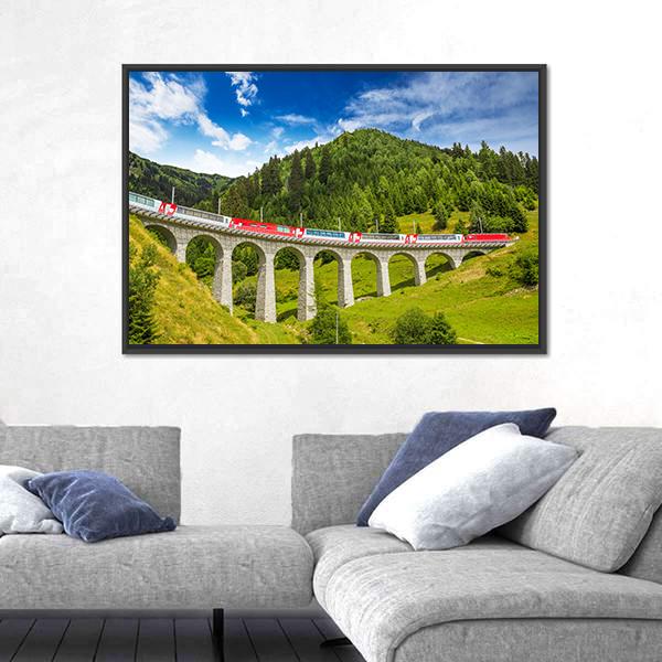 Train On Famous Landwasser Viaduct Bridge Canvas Wall Art-5 Horizontal-Gallery Wrap-22" x 12"-Tiaracle