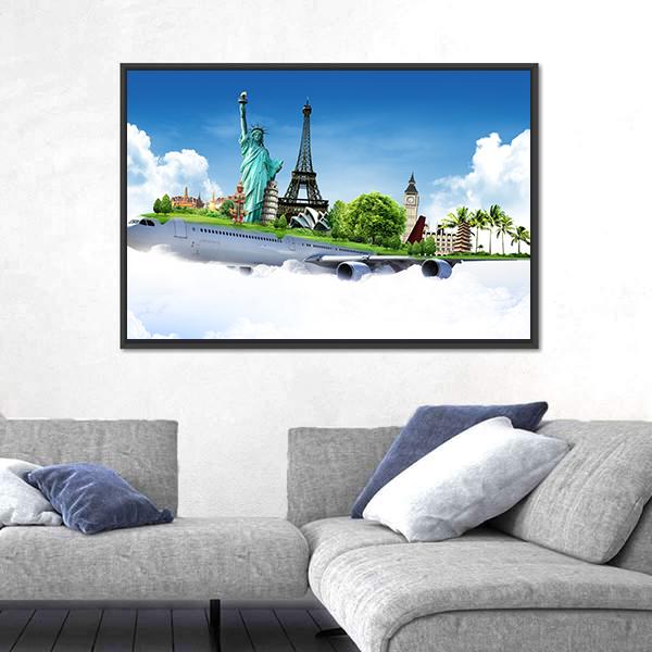 Travel The World By Airplane Canvas Wall Art-3 Horizontal-Gallery Wrap-25" x 16"-Tiaracle