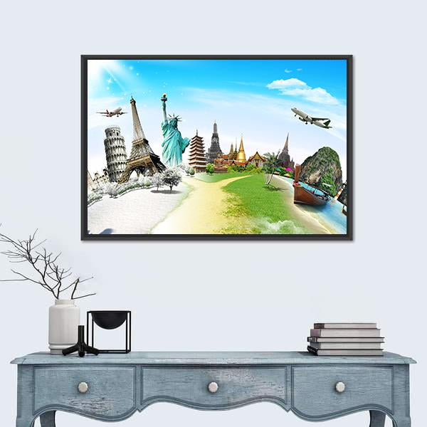 World Monuments Montage Canvas Wall Art in white, green and blue, framed canvas, product view on a white background