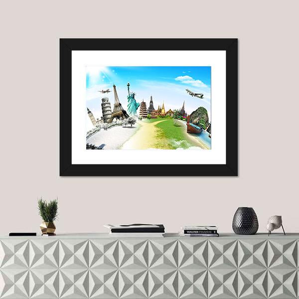 World Monuments Montage Canvas Wall Art in white, green and blue, single panel hung on a wall