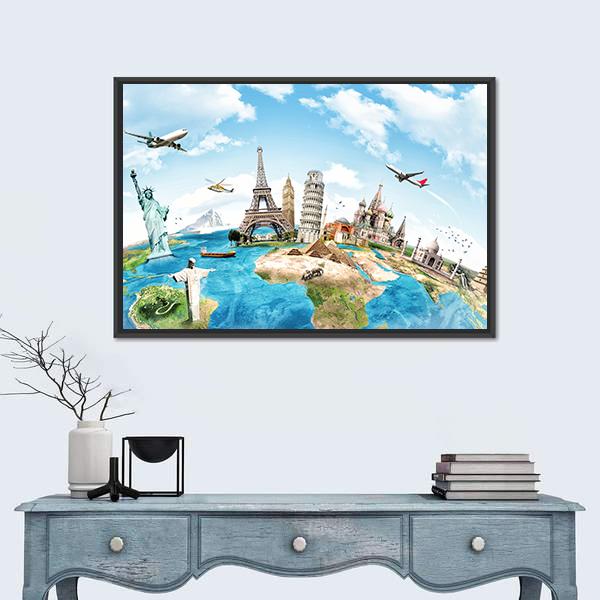 Travel The World Monument Concept Canvas Wall Art-1 Piece-Floating Frame-36" x 24"-Tiaracle