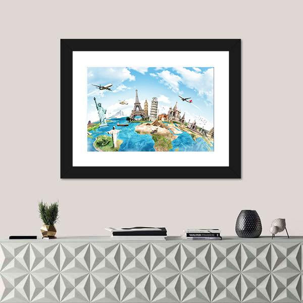 Travel The World Monument Concept Canvas Wall Art-1 Piece-Framed Print-30" x 20"-Tiaracle
