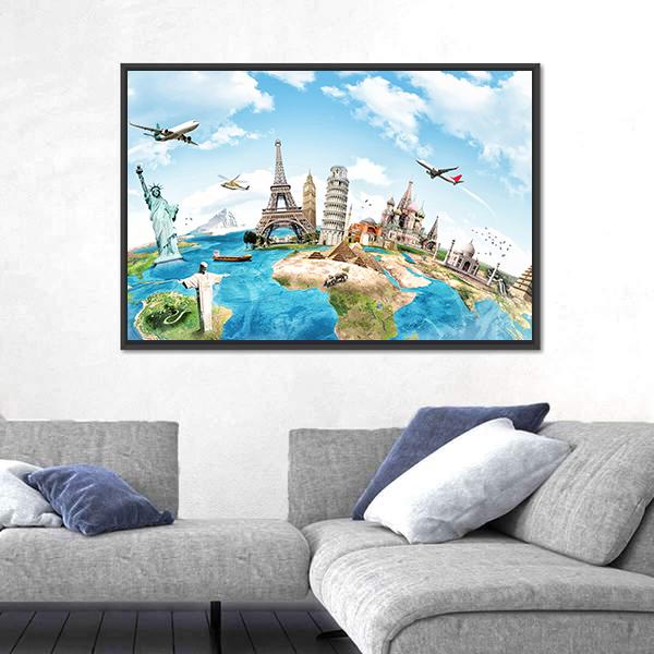 Travel The World Monument Concept Canvas Wall Art-5 Horizontal-Gallery Wrap-22" x 12"-Tiaracle