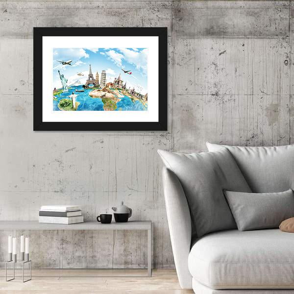 Travel The World Monument Concept Canvas Wall Art-5 Horizontal-Gallery Wrap-22" x 12"-Tiaracle