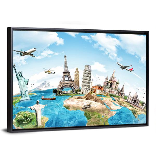 Travel The World Monument Concept Canvas Wall Art-5 Horizontal-Gallery Wrap-22" x 12"-Tiaracle