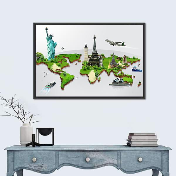Travel The World Monuments Concept Canvas Wall Art-1 Piece-Floating Frame-24" x 16"-Tiaracle