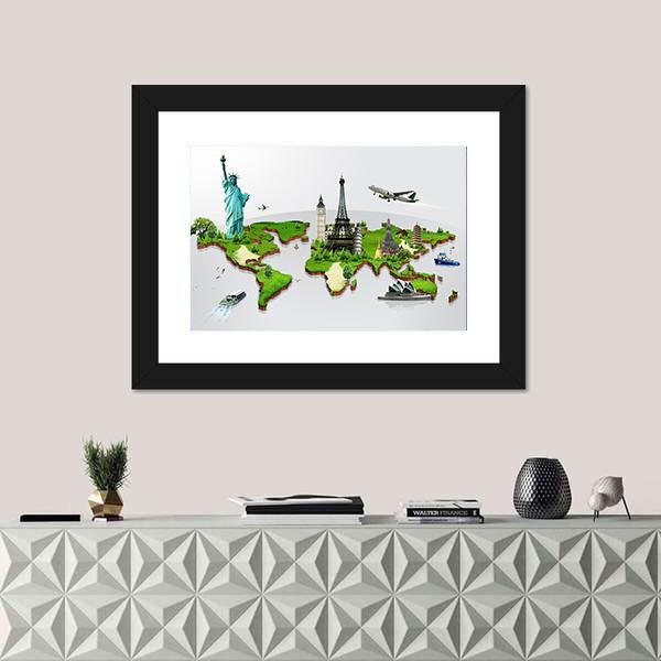 Travel The World Monuments Concept Canvas Wall Art-1 Piece-Framed Print-20" x 16"-Tiaracle