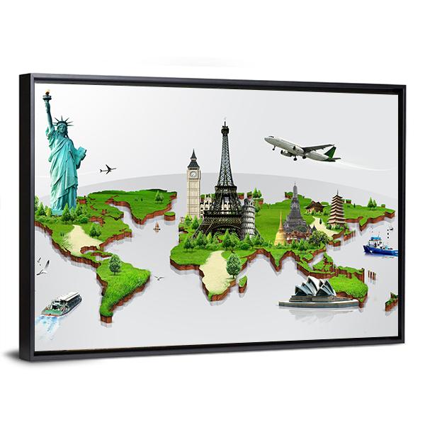 Travel The World Monuments Concept Canvas Wall Art-3 Horizontal-Gallery Wrap-25" x 16"-Tiaracle