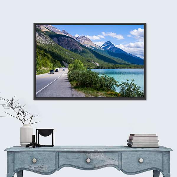 Travelers Along Icefield Parkway With Waterfowl Lake Canvas Wall Art-1 Piece-Floating Frame-24" x 16"-Tiaracle