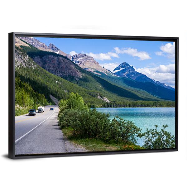 Travelers Along Icefield Parkway With Waterfowl Lake Canvas Wall Art-3 Horizontal-Gallery Wrap-25" x 16"-Tiaracle
