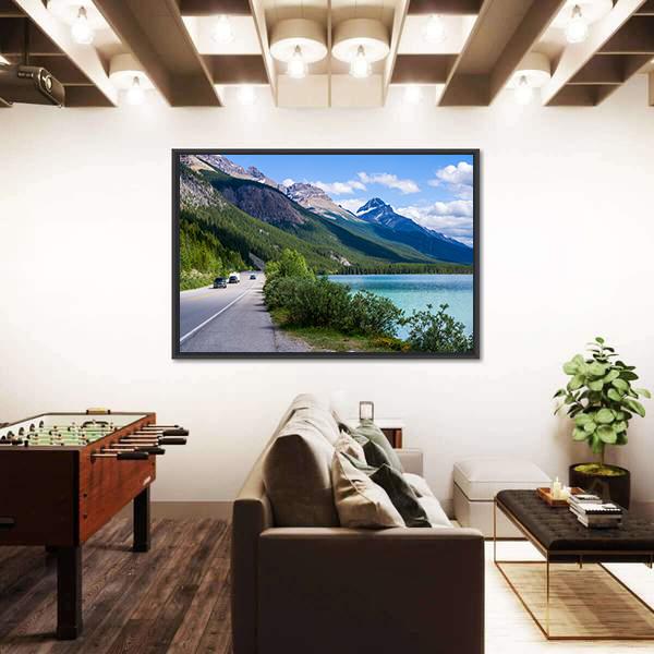 Travelers Along Icefield Parkway With Waterfowl Lake Canvas Wall Art-3 Horizontal-Gallery Wrap-25" x 16"-Tiaracle