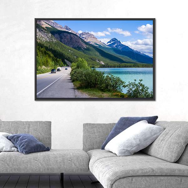 Travelers Along Icefield Parkway With Waterfowl Lake Canvas Wall Art-3 Horizontal-Gallery Wrap-25" x 16"-Tiaracle
