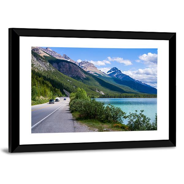 Travelers Along Icefield Parkway With Waterfowl Lake Canvas Wall Art-3 Horizontal-Gallery Wrap-25" x 16"-Tiaracle
