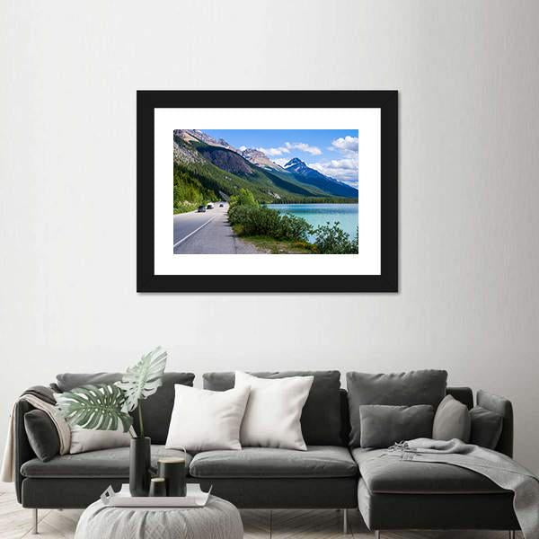 Travelers Along Icefield Parkway With Waterfowl Lake Canvas Wall Art-3 Horizontal-Gallery Wrap-25" x 16"-Tiaracle