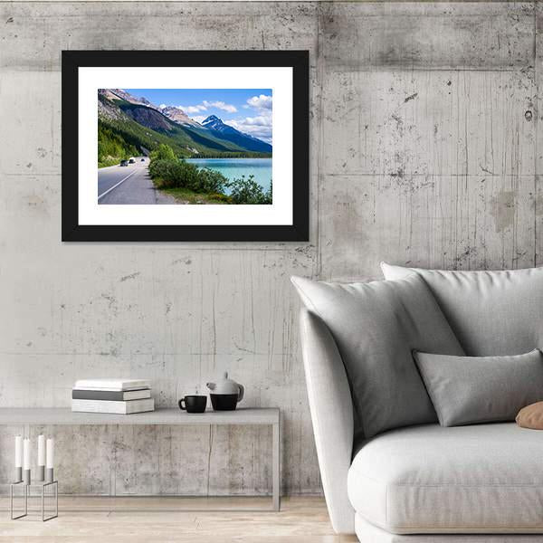 Travelers Along Icefield Parkway With Waterfowl Lake Canvas Wall Art-3 Horizontal-Gallery Wrap-25" x 16"-Tiaracle