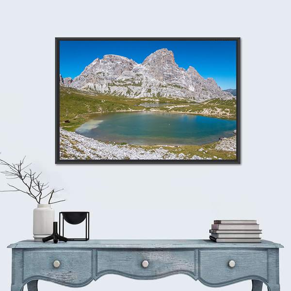 Tre Cime Lake In Dolomites In Italy Canvas Wall Art-1 Piece-Floating Frame-24" x 16"-Tiaracle