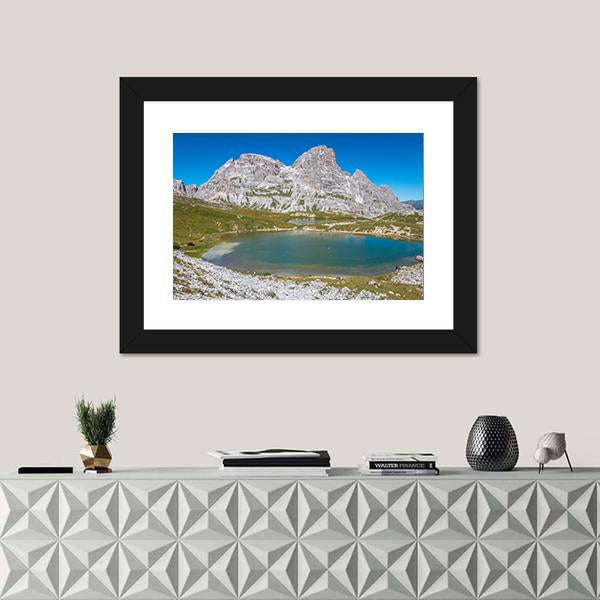 Tre Cime Lake In Dolomites In Italy Canvas Wall Art-1 Piece-Framed Print-20" x 16"-Tiaracle