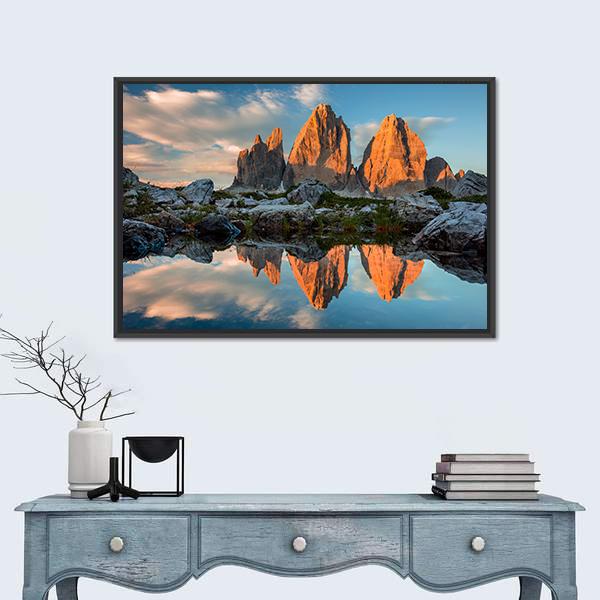 Tre Cime di Lavaredo With Reflection In Lake Canvas Wall Art-1 Piece-Floating Frame-24" x 16"-Tiaracle
