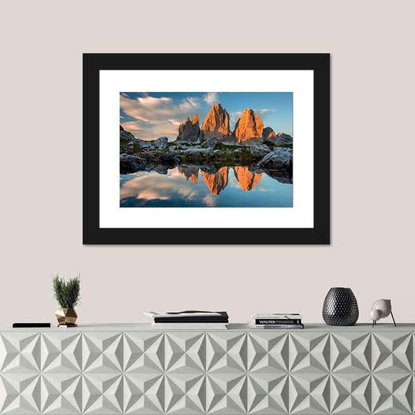 Tre Cime di Lavaredo With Reflection In Lake Canvas Wall Art-1 Piece-Framed Print-20" x 16"-Tiaracle