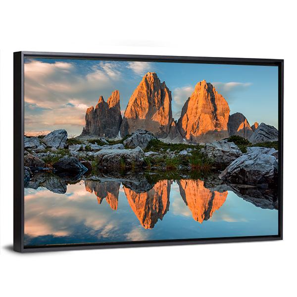 Tre Cime di Lavaredo With Reflection In Lake Canvas Wall Art-3 Horizontal-Gallery Wrap-25" x 16"-Tiaracle