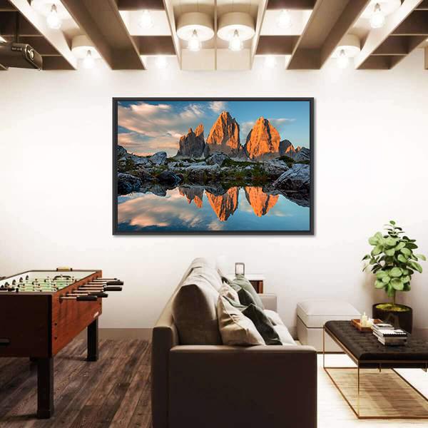 Tre Cime di Lavaredo With Reflection In Lake Canvas Wall Art-3 Horizontal-Gallery Wrap-25" x 16"-Tiaracle