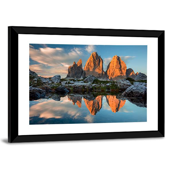 Tre Cime di Lavaredo With Reflection In Lake Canvas Wall Art-3 Horizontal-Gallery Wrap-25" x 16"-Tiaracle