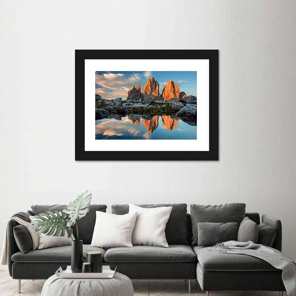 Tre Cime di Lavaredo With Reflection In Lake Canvas Wall Art-3 Horizontal-Gallery Wrap-25" x 16"-Tiaracle
