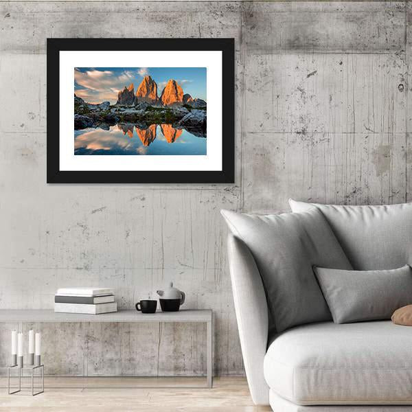 Tre Cime di Lavaredo With Reflection In Lake Canvas Wall Art-3 Horizontal-Gallery Wrap-25" x 16"-Tiaracle